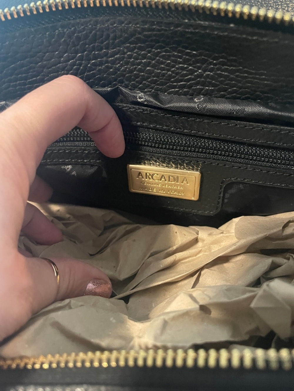 Arcadia Black Pebbled Leather East West Shoulder Bag with Gold Accent - Picture 8 of 8